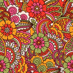 Hand drawn seamless pattern with floral elements. Colorful ethnic background. Pattern can be used for fabric, wallpaper or wrapping