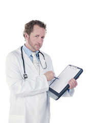 serious doctor holding a clipboard.