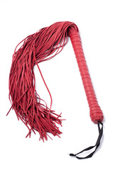 Red sex leather whip on white background