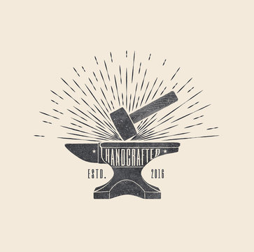 Handcrafted. Vintage Styled Vector Illustration Of The Hammer And Anvil