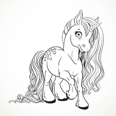 Cute fabulous unicorn with lush mane outlined for coloring book