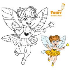 Cute little autumn fairy girl with a Magic wand color and outlin