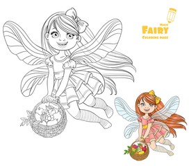 Cute little fairy girl with a round wicker basket filled fruit c