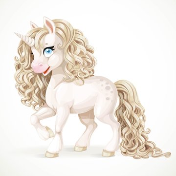 Cute fabulous white unicorn with golden mane isolated on a white
