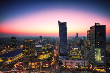 View of the center of Warsaw at dusk