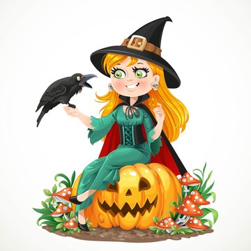 Beautiful witch sitting on a pumpkin and talks to the black rave