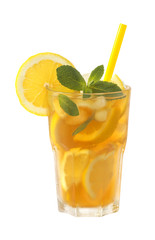 glass of ice tea with lemon and mint isolated