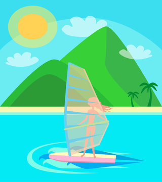 vacation, summer, heat, young girl with pleasure rides on the windsurfing on the waves of the ocean in the background beach with palm trees, green mountains and blue sky vector illustration