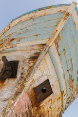 Old Derelict Wooden Fishing Boat Wreck diagonal perspective