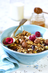 Homemade granola in a blue bowl .Top view.