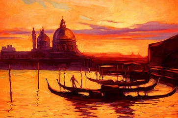 promenade and pier with gondola in Venice, oil painting on canvas - 108238416