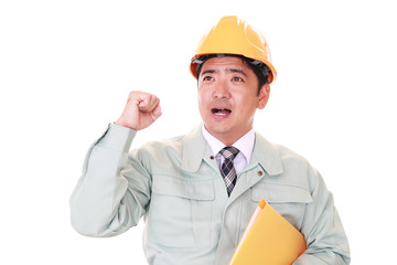 ガッツポーズの労働者