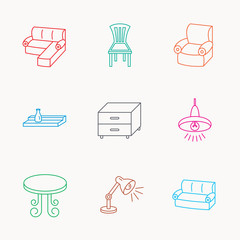 Corner sofa, table and armchair icons.
