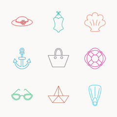 Paper boat, shell and swimsuit icons.