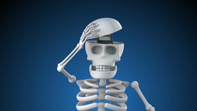 Looping 3d animation of a skeleton lifting the lid of its skull to reveal 