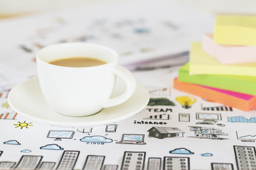Coffee and stickers closeup
