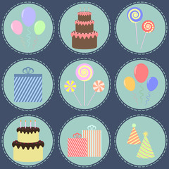 Birthday set with cakes, lollipops, gifts, party hats and balloons