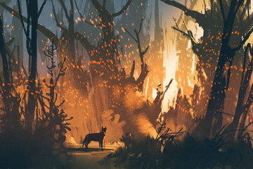 Fototapeta premium lost dog in the forest with mystic light,illustration painting