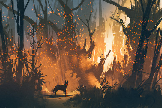 lost dog in the forest with mystic light,illustration painting