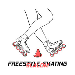 Two legs of roller with inline skates doing figure of freestyle slalom skating and title Freestyle Slalom Skating, vector illustration