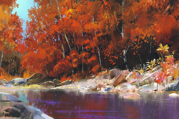 Fototapeta premium river in the autumn forest,landscape painting