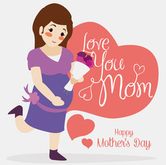Cute Mom with a Bouquet Gift for Mother's Day, Vector Illustration