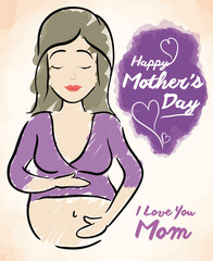Meditative Pregnant Woman in Watercolors Technique for Mother's Day, Vector Illustration