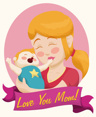 Blonde Mom and Baby with a Ribbon for Mother's Day, Vector Illustration