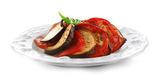 Ratatouille on plate, isolated on white