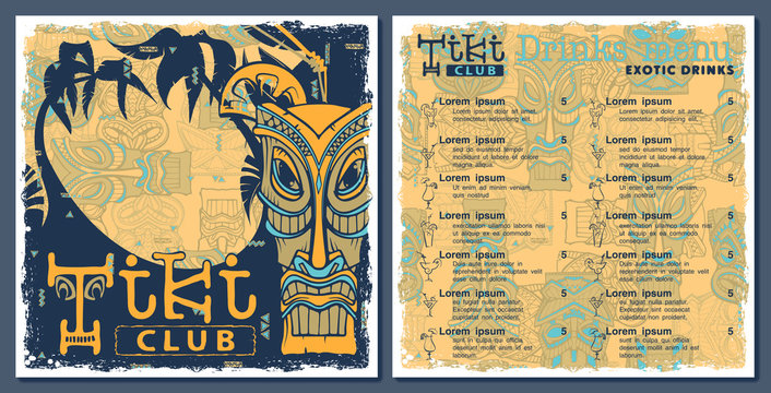 Tiki bar club menu, template design. Drinks flyer