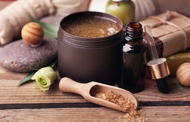 Beautiful spa composition on wooden background