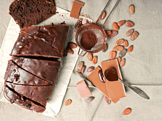 Chocolate sliced cake with icing and cocoa powder on tablecloth