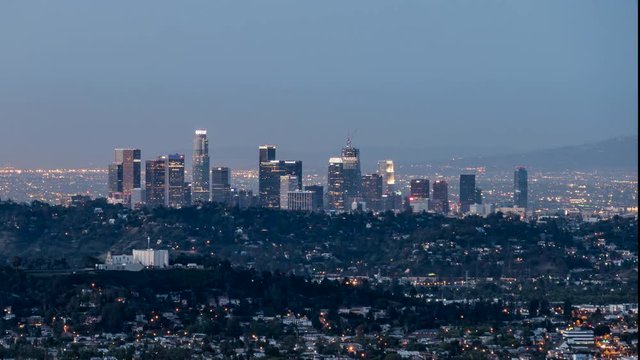 Downtown Los Angeles dawn sunrise time lapse in Southern California.