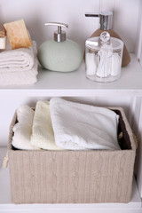Bathroom set with towels, dispensers and sponges on a light shelf