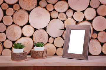 Green plants in white pot with frame on wooden background