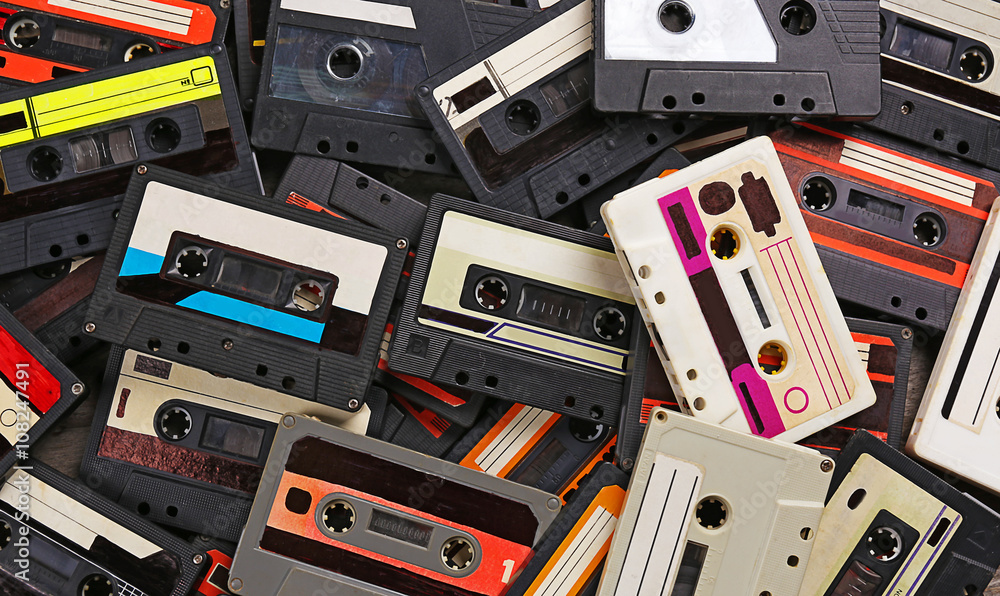 Wall mural Collection of audio cassettes, closeup