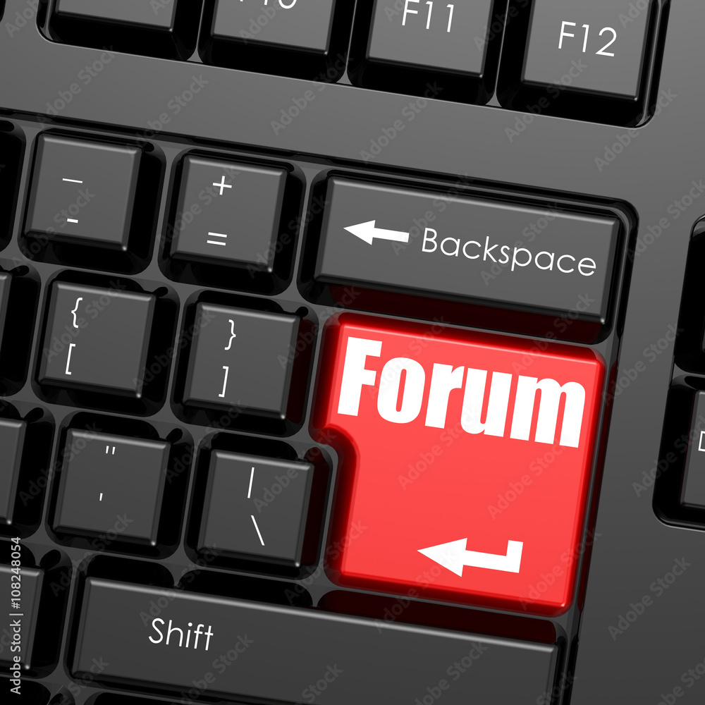 Aufkleber red enter button on computer keyboard, forum word