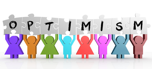 Puppet hold puzzle with optimism word on it