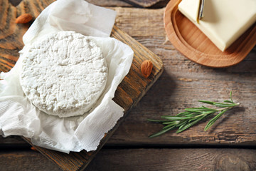 Set of dairy products on wooden table closeup