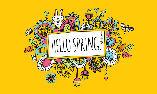 Hello Spring Doodle Vector Lineart with Yellow Background