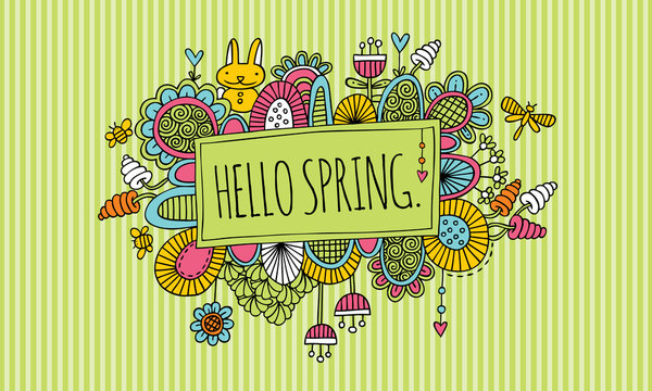 Hello Spring Doodle Vector Lineart with Striped Background