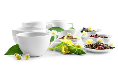 Different sorts of tea on white background