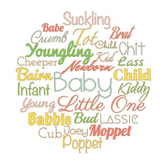 'Baby' synonyms for baby shower party. Vector words collage.