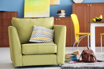 Design interior of living room with green sofa