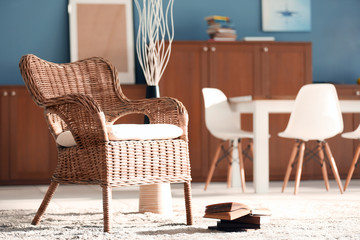 Design interior of living room with wicker chair