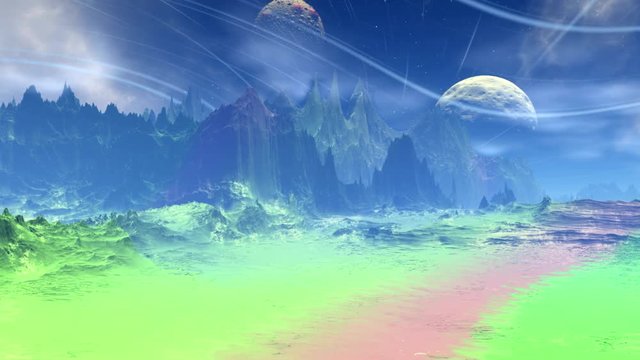 Fantasy alien planet. Rocks and lake. 3D animation. 4K 