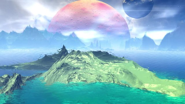 Fantasy alien planet. Rocks and lake. 3D animation. 4K 