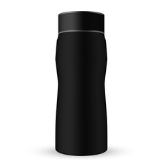 VECTOR PACKAGING: Black tall liquid container with ribbed screw cap/lid on isolated white background. Mock-up template for design.