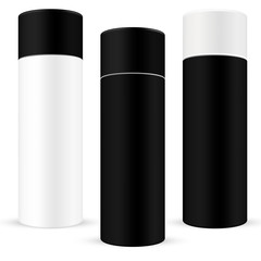 VECTOR PACKAGING: Set of tall round container with ribbed screw cap/lid in different color on isolated white background. Mock-up template for design.