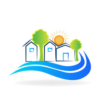 Houses waves and sun logo vector image